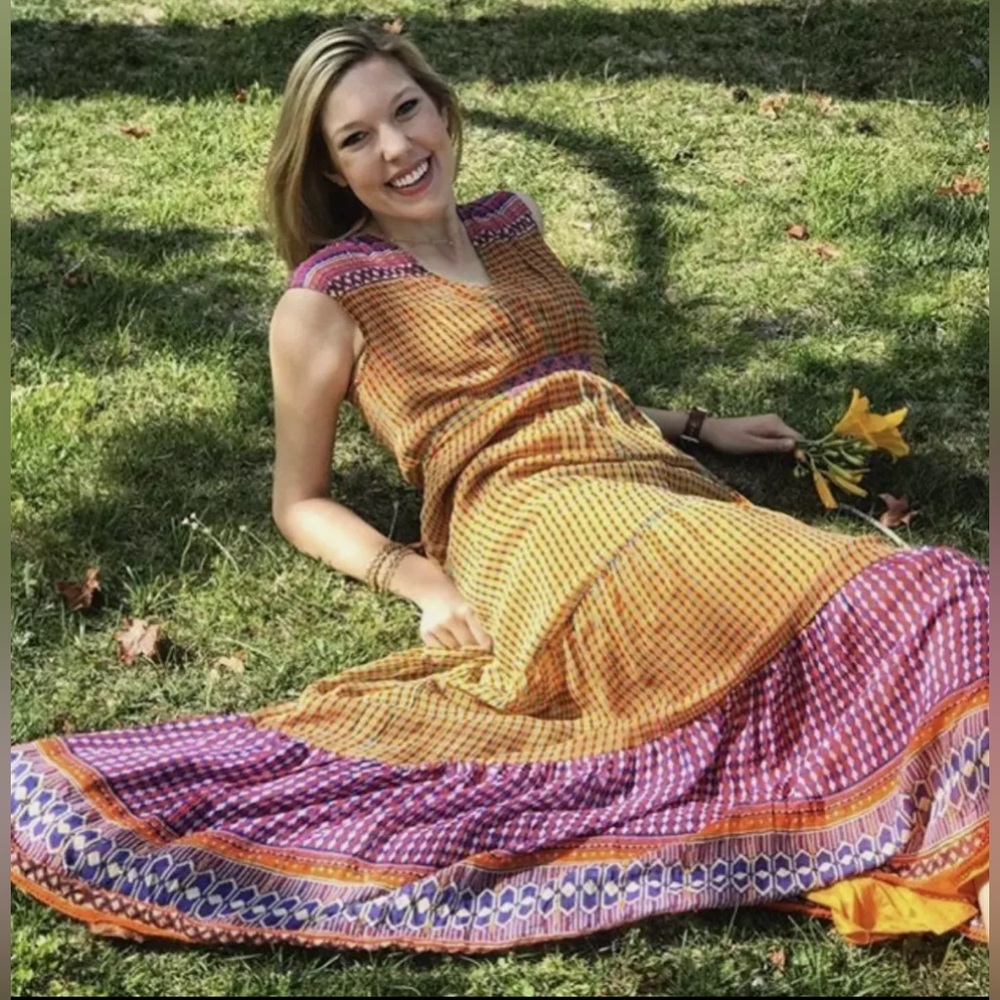 GUC Anthropologie Aelyn Maxi Dress Tier Swing Tanvi Kedia Embellish Chiffon 12